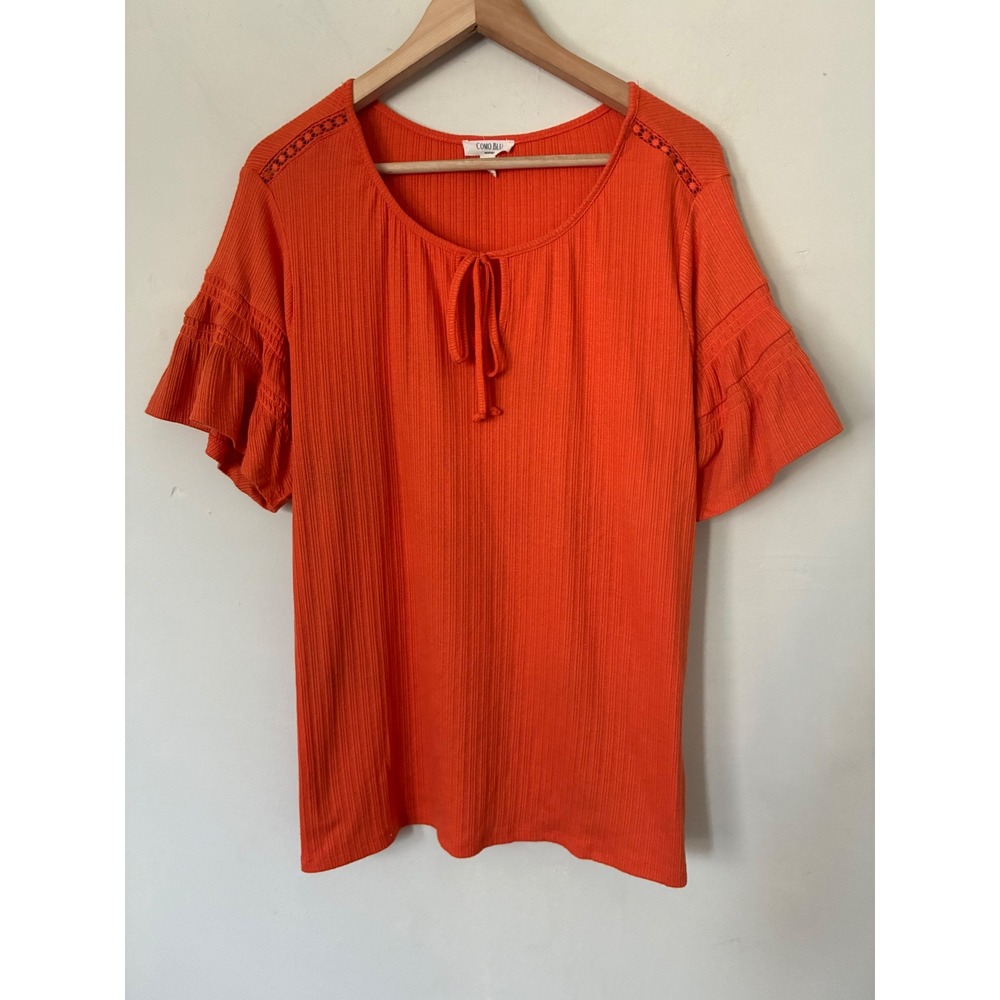 Como Blu Womens Orange Ribbed Ruffle Sleeve Blouse Top 1X Boho Casual Feminine